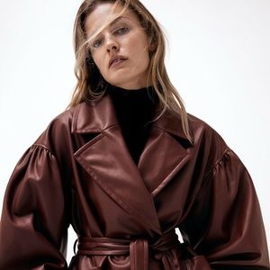 Zara Faux Leather Belted Blazer Maroon
